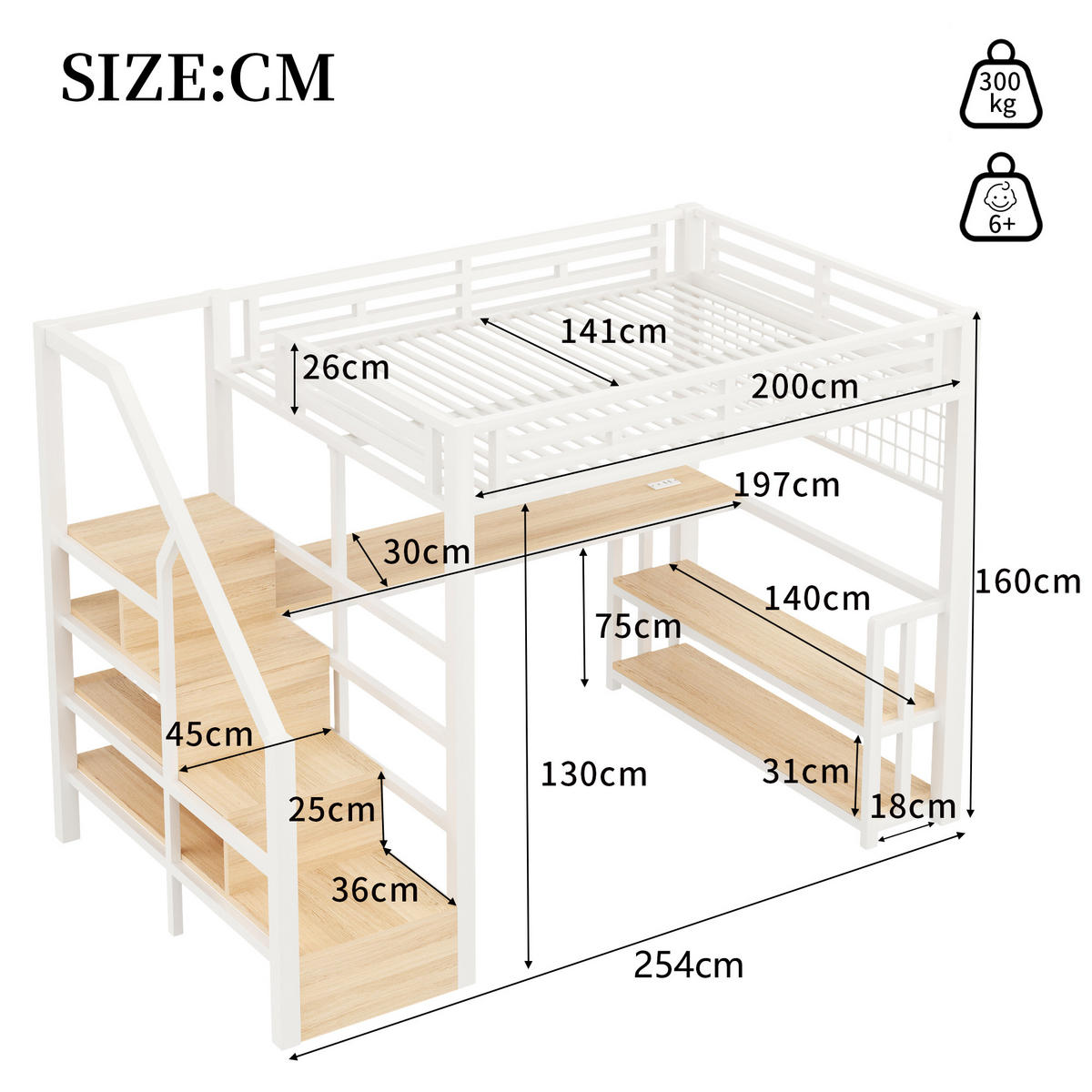 HOCHBETT 140/200 mit LED, USB, Typ-C und Schreibtisch in Weiß - Weiß, Holzwerkstoff/Metall (140/200cm) - EVRYAE