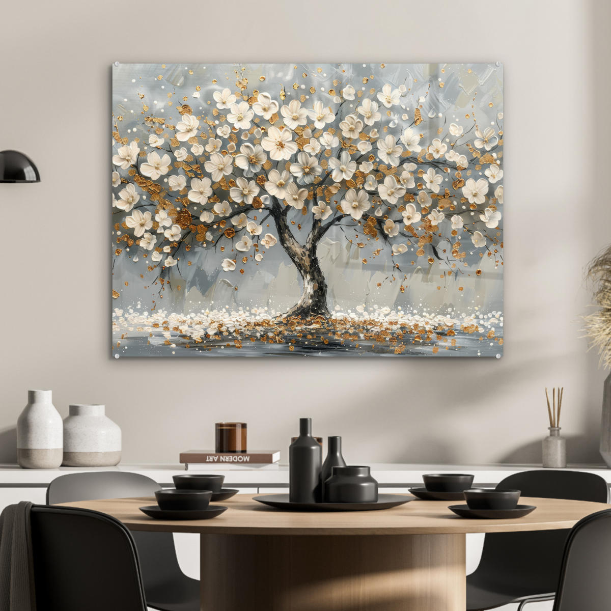 ACRYLGLASBILD Baum - Blumen - Weiß - Natur - Kunst 80x60 cm - Weiß, Glas (80/60cm) - MuchoWow