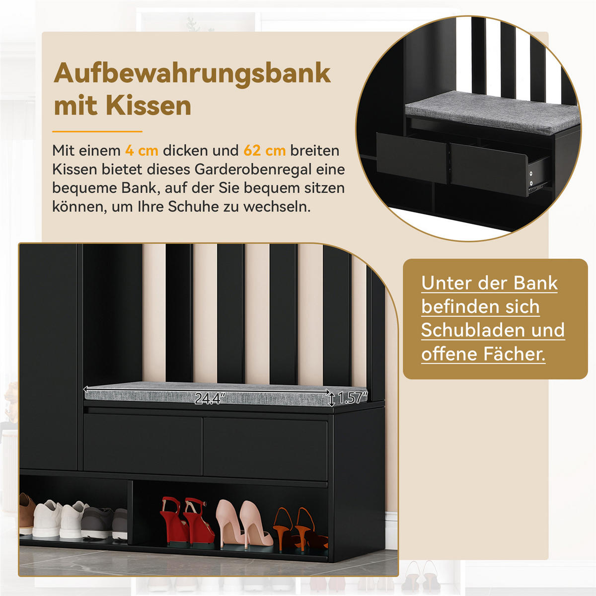 GARDEROBE 100/180/35 cm Schuhbank Haken Stecktafel Schwarz - Schwarz, Holz (35/180/100cm) - Kaket