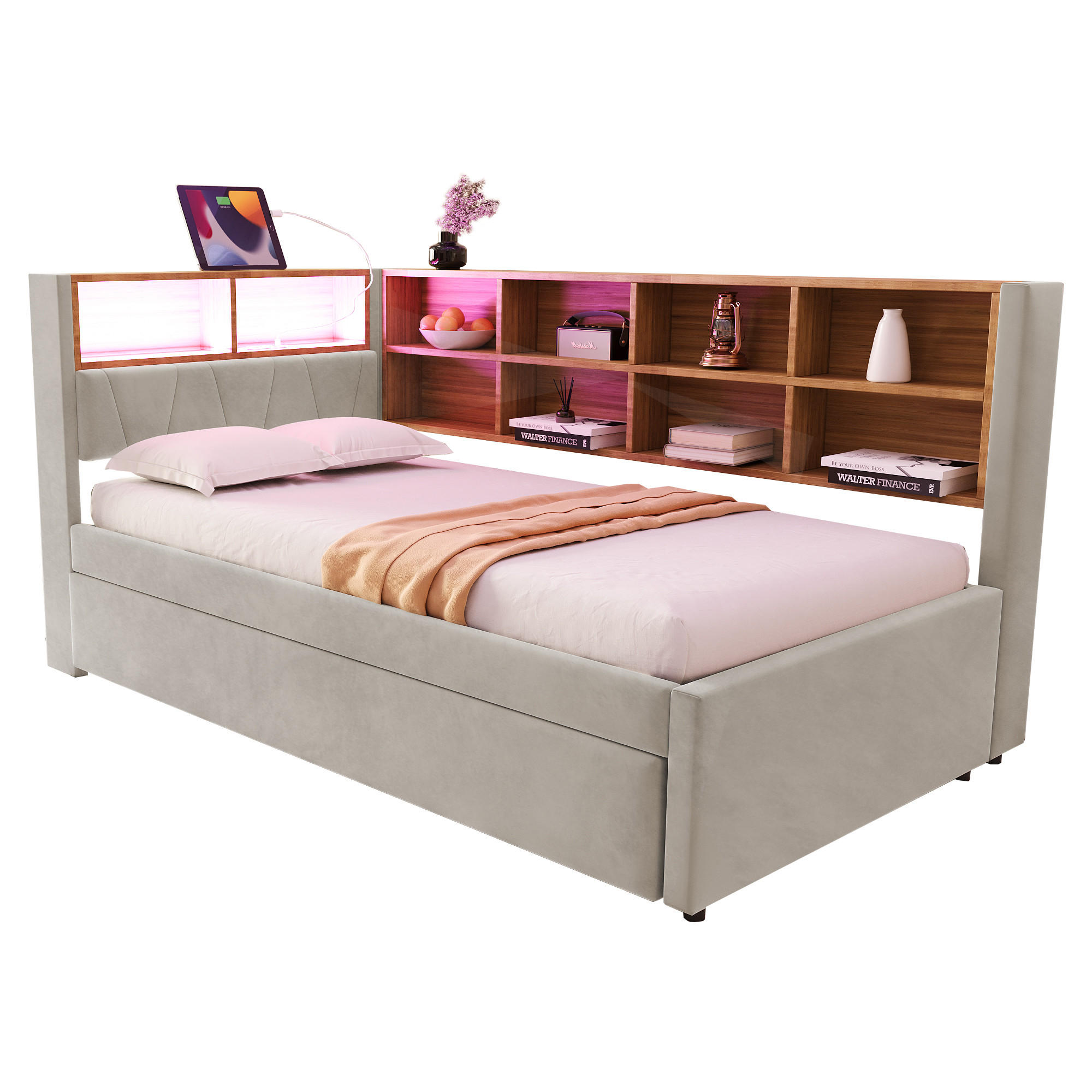 SCHLAFSOFA 90/200 cm & 90/190 cm in Hellgrau mit Ausziehbett, LED, USB und Ablagefächern - Hellgrau, Holzwerkstoff/Textil (90/200cm) - CHICFURN