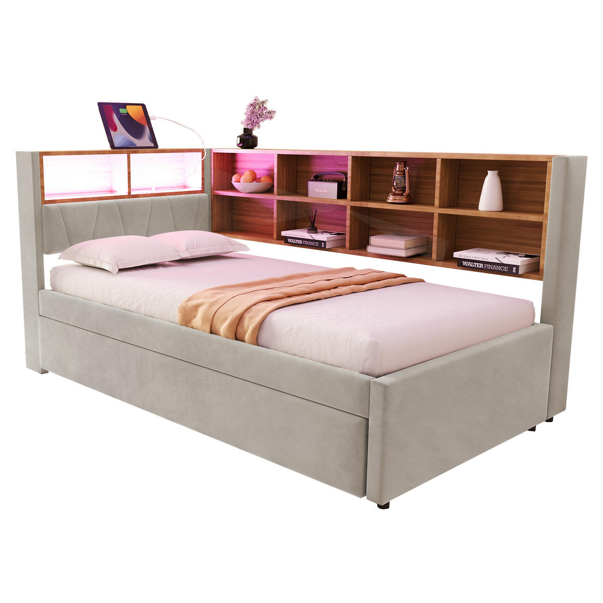 BETT mit Ausziehbett 90/200 und 90/190 cm mit LED-Beleuchtung und Ladeanschlüssen Flanell Hellgrau - Hellgrau, Textil (90/200cm) - OKWISH