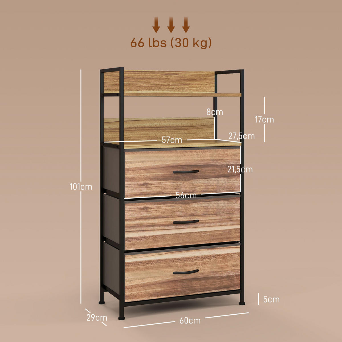 KOMMODE DE-12417 3 Schubladen 60/29/101 cm Schwarz/Holzoptik - Eichefarben, Metall (60/101/29cm) - ComfortXL
