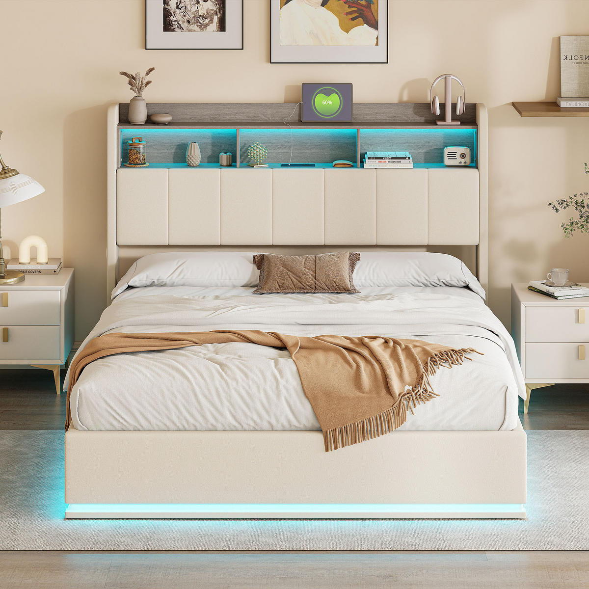 POLSTERBETT 140x190 cm Beige mit LED, Stauraumkopfteil & USB-C - Beige, Holz (140/190cm)