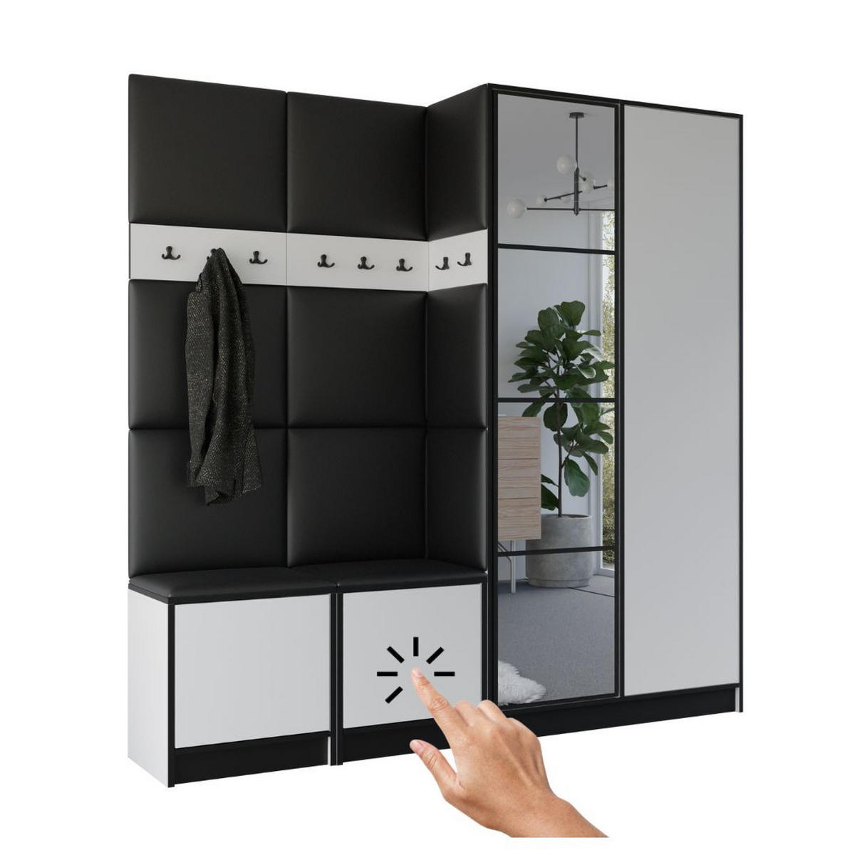 GARDEROBENSCHRANK EDEN 21 mit Spiegel - Weiß & Stoff Ökoleder Schwarz - Weiß, Holzwerkstoff (211/205/39cm) - Kier Furniture