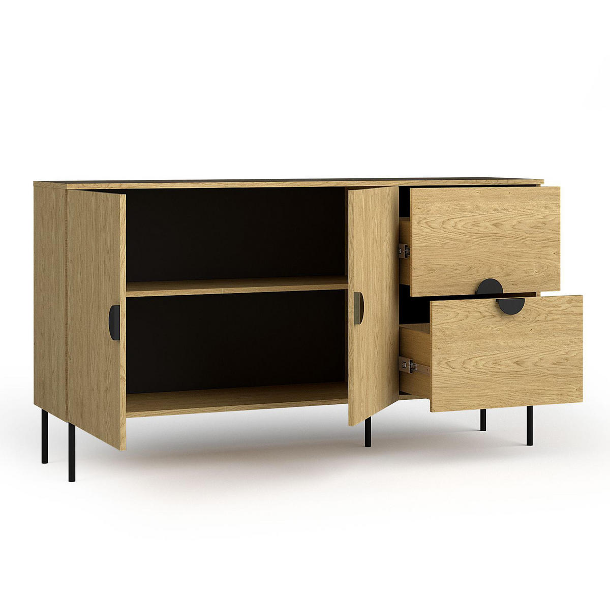 SIDEBOARD Brunelli 2T 2S Eiche Baltic 160/87,6/40 cm – mit geräumigen Schubladen - Eichefarben/Schwarz, Holzwerkstoff/Metall (160/87.6/40cm) - AX Living