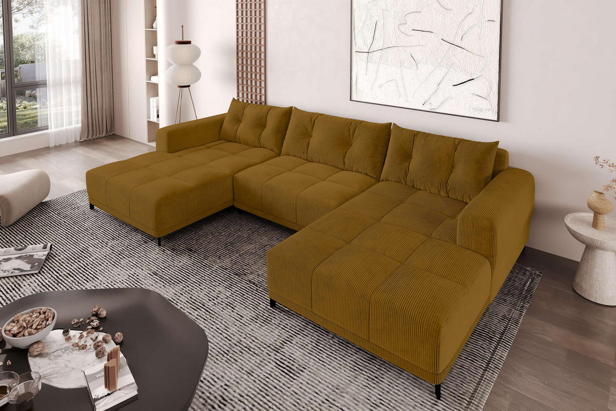 WOHNLANDSCHAFT Massimo Cordstoff Goldfarben inkl. Schlaffunktion - Goldfarben/Schwarz, Textil/Metall (356/94/181cm) - 99rooms