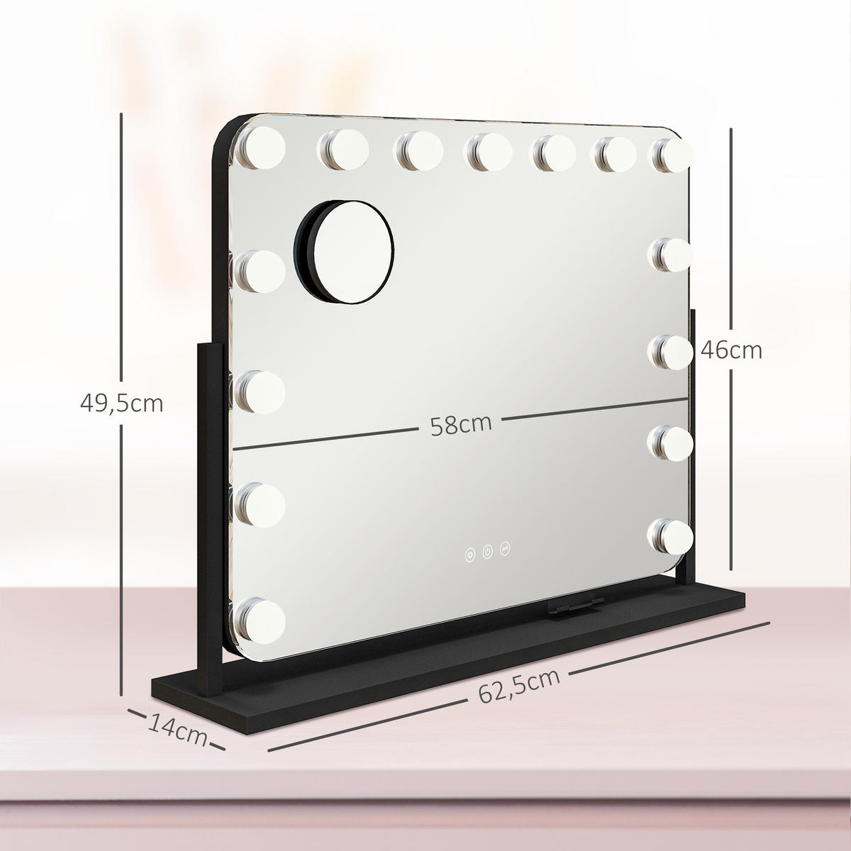 HOLLYWOOD Spiegel mit Beleuchtung, Schminkspiegel mit 14 LED Licht, 3 Lichtfarben - Schwarz, Glas (14/49.5/62.5cm) - HOMCOM