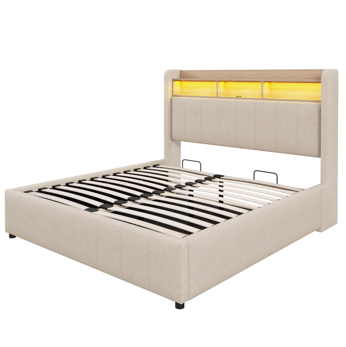 POLSTERBETT aus Leinenstoff 140x200 cm Beige mit LED-Beleuchtung, USB-Anschluss und hydraulischem Bettkasten - Beige, Textil (140/200cm) - IVMEU