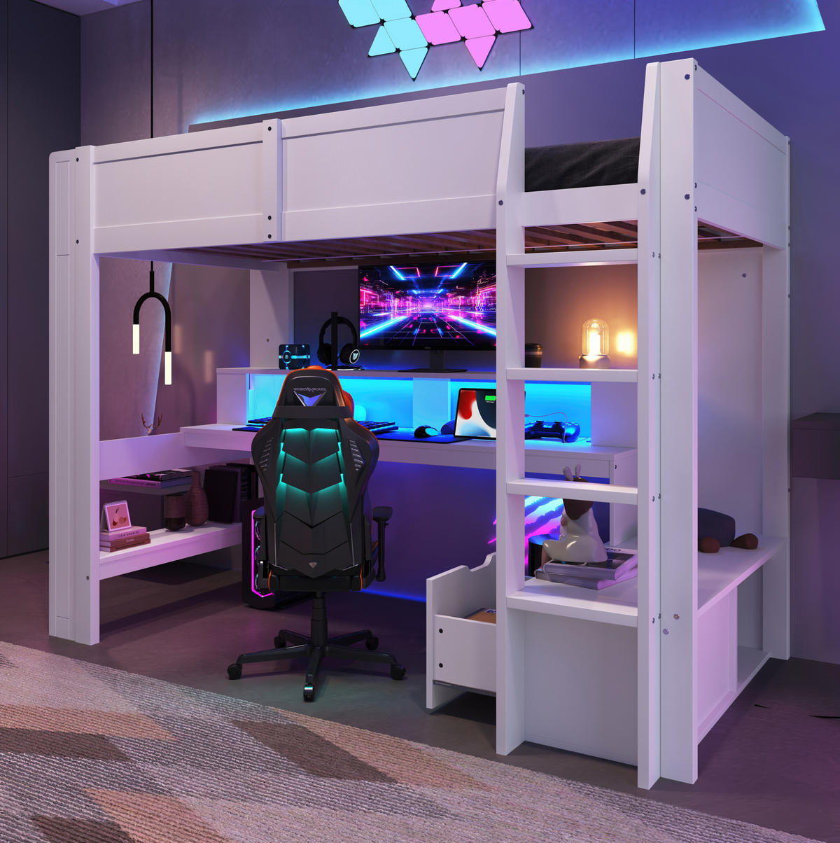 HOCHBETT mit Schreibtisch 90/200 cm in Weiß – mit LED, Regal und Schublade - Weiß, Holz (90/200cm) - BEAOK