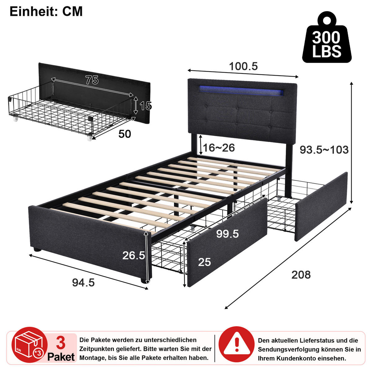 ČALOUNĚNÁ POSTEL 90/200 cm v šedé barvě s LED osvětlením a 2 zásuvkami - šedá, kov/kompozitní dřevo (90/200cm) - CHICFURN