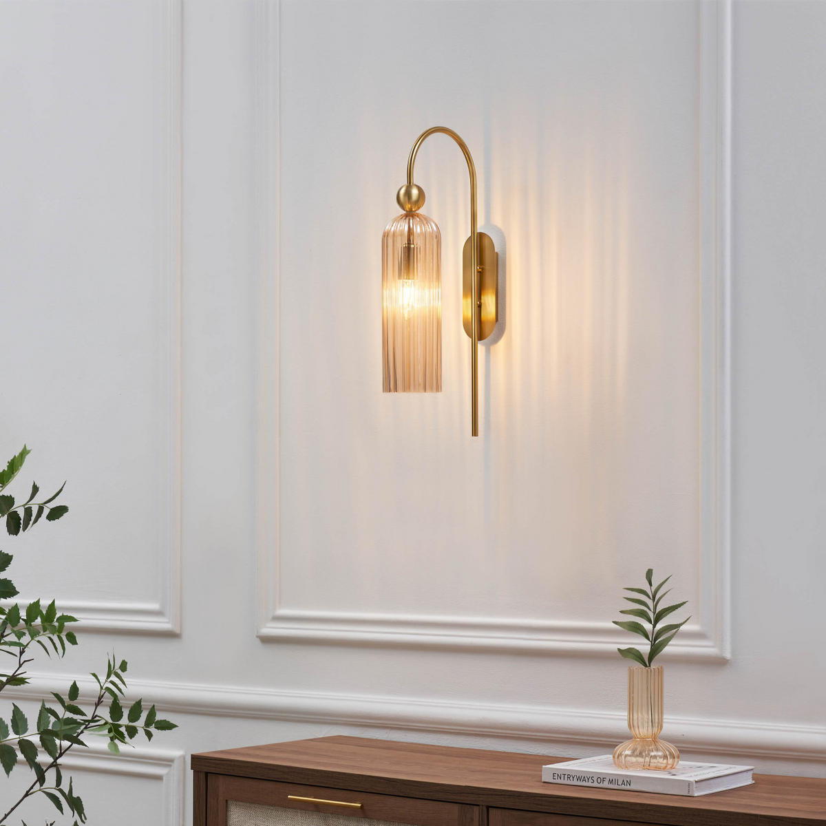 WANDLEUCHTE Leonora, Bernstein und Messing, 53.5cm - Goldfarben, Glas (10/53.5/27cm) - KOSILUM