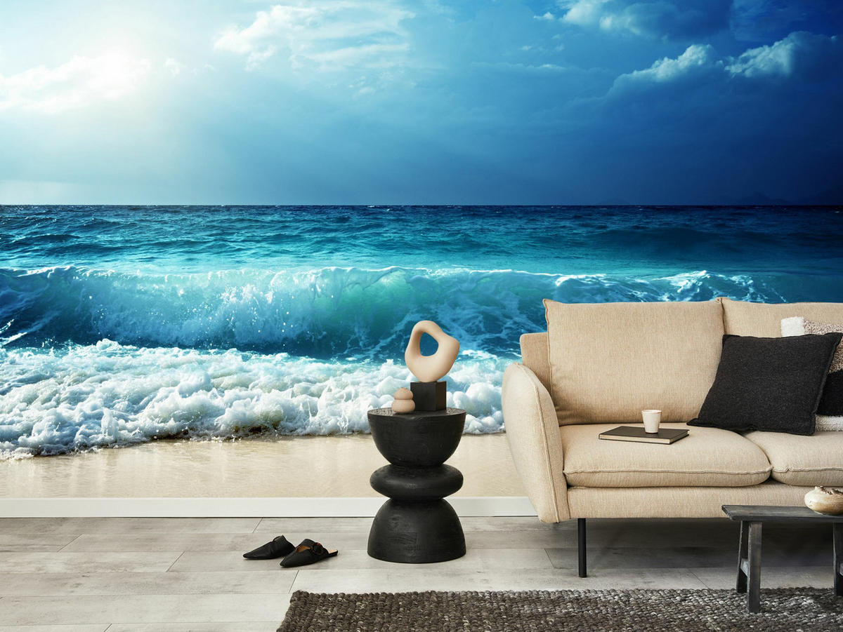 FOTOTAPETE Strand Meer Wellen Landschaft 3D 180x120cm - Blau/Beige, Papier (180/120cm) - Muralo