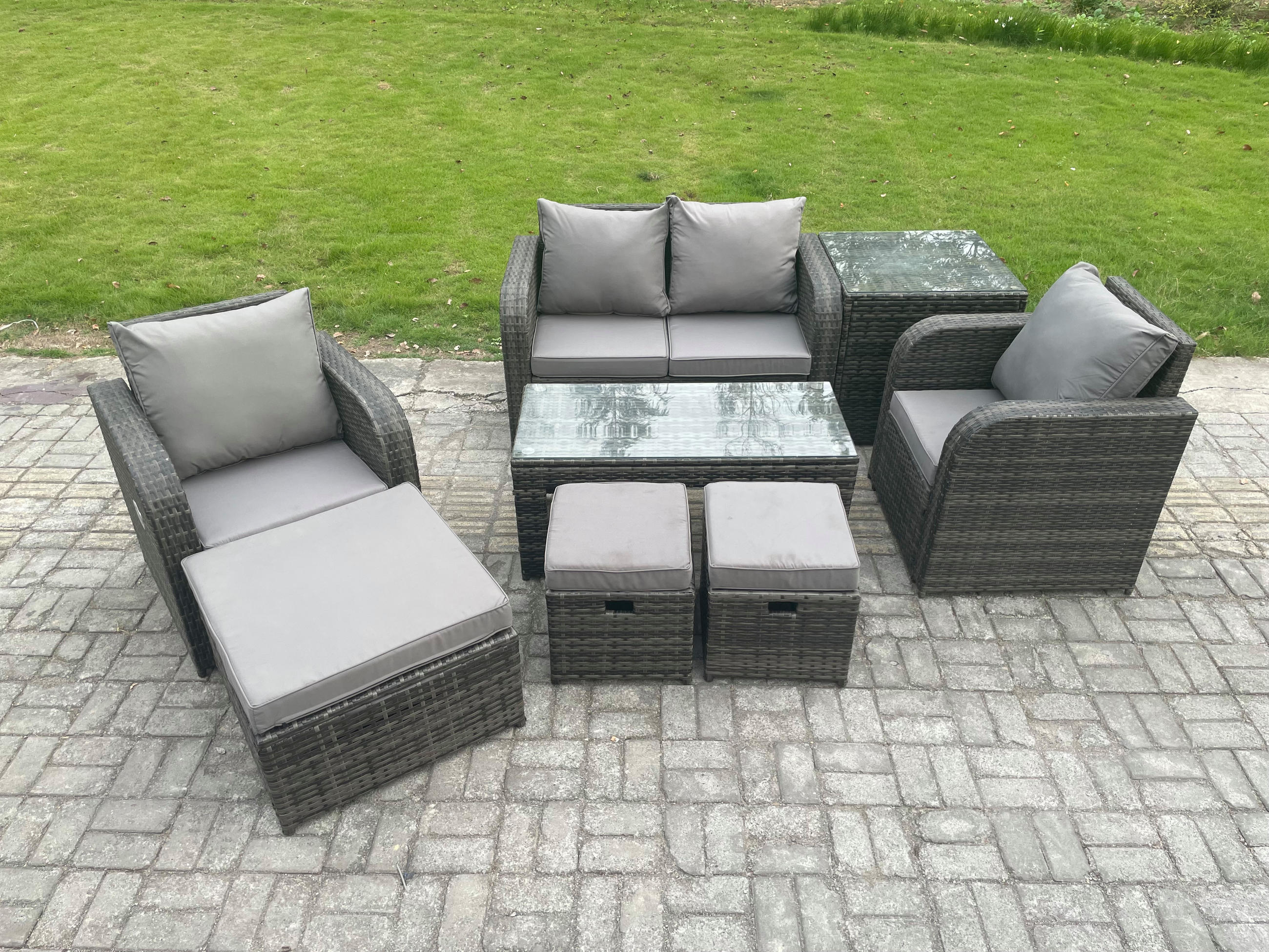 GARTENSOFA SET mit COUCHTISCH Polyrattan 7-Sitzer - Dunkelgrau/Grau, Glas/Kunststoff - Fimous