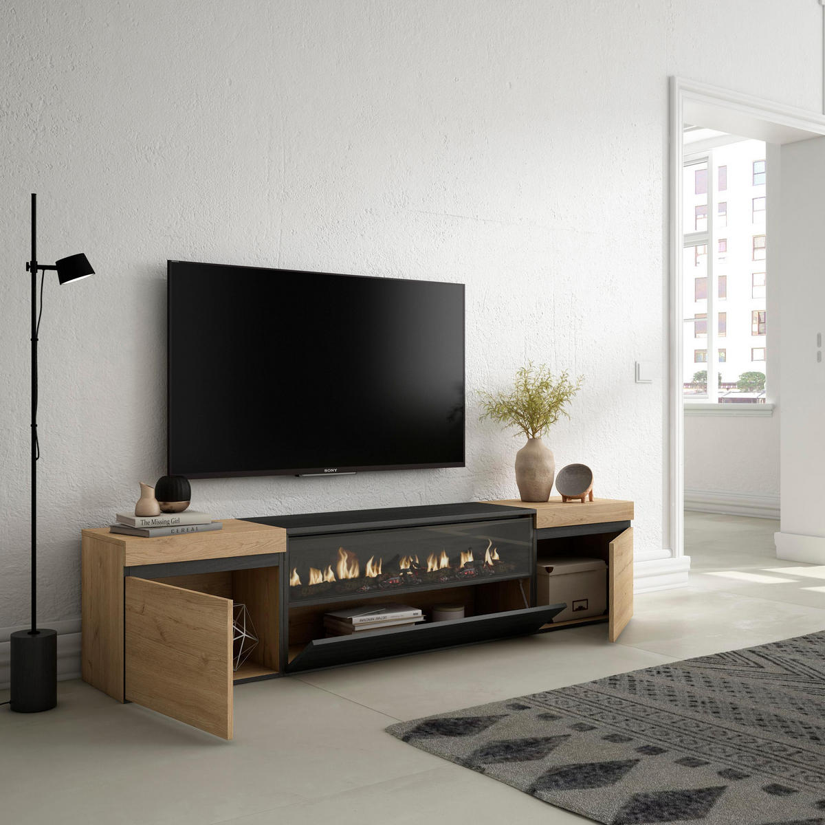 LOWBOARD Elektrokamin, eiche, schwarz, 200/35/45cm - Eichefarben/Schwarz, Holzwerkstoff (200/45/35cm) - Skraut Home