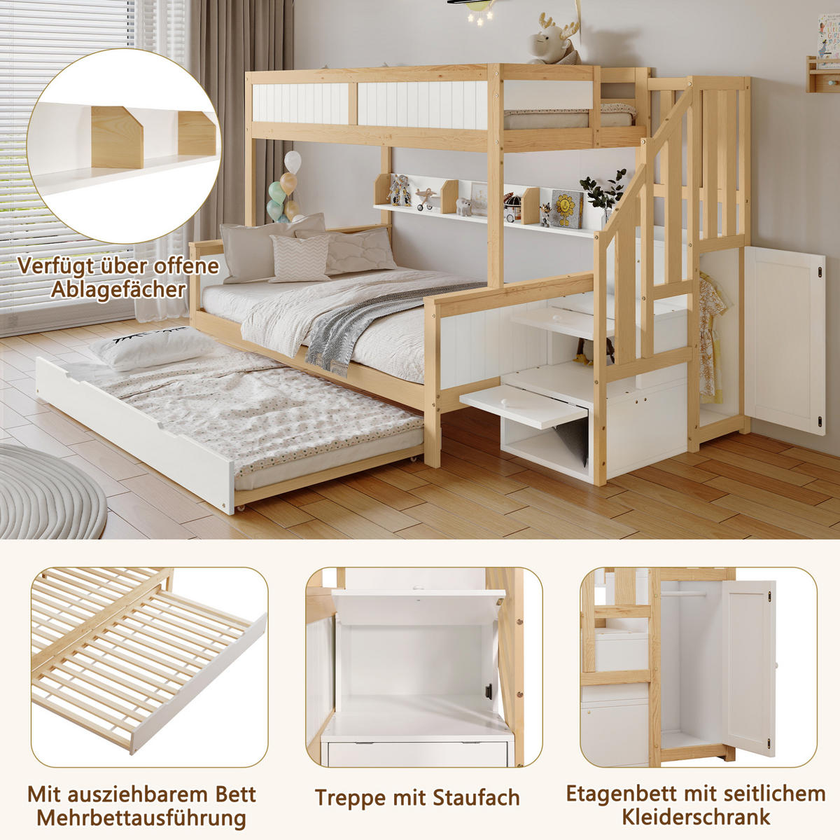 ETAGENBETT aus Kiefernholz und MDF 90x200/120x200 cm Weiß/Natur mit Stauraumtreppe und Rollbett - Weiß, Holzwerkstoff (90/200cm) - IVMEU