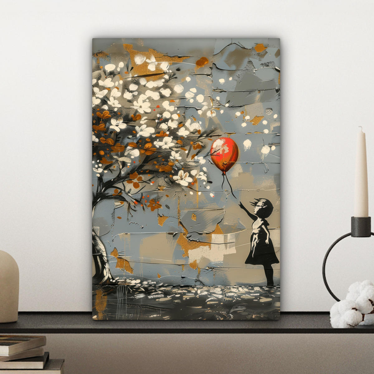 LEINWANDBILD Baum - Graffiti - Banksy-Stil - Ballon-Mädchen Deko Wohnzimmer 20x30 cm - Blaugrau, Textil (20/30cm) - MuchoWow