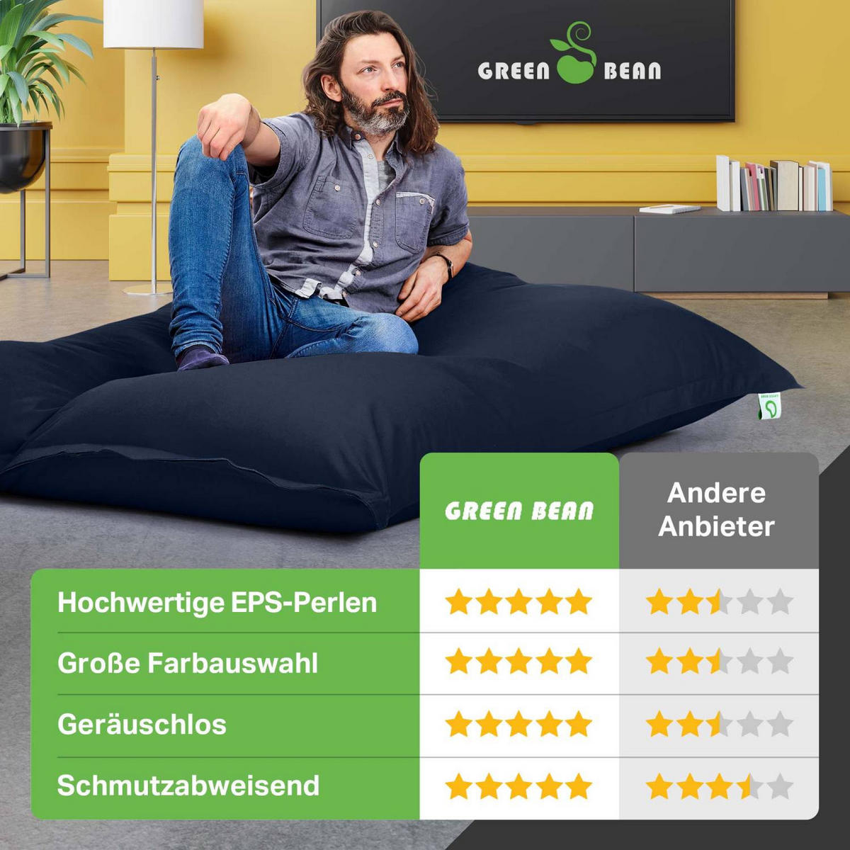 RIESEN-SITZSACK "Square" XXL - Baumwolle - Dunkelblau, Textil (140/25/180cm) - Green Bean