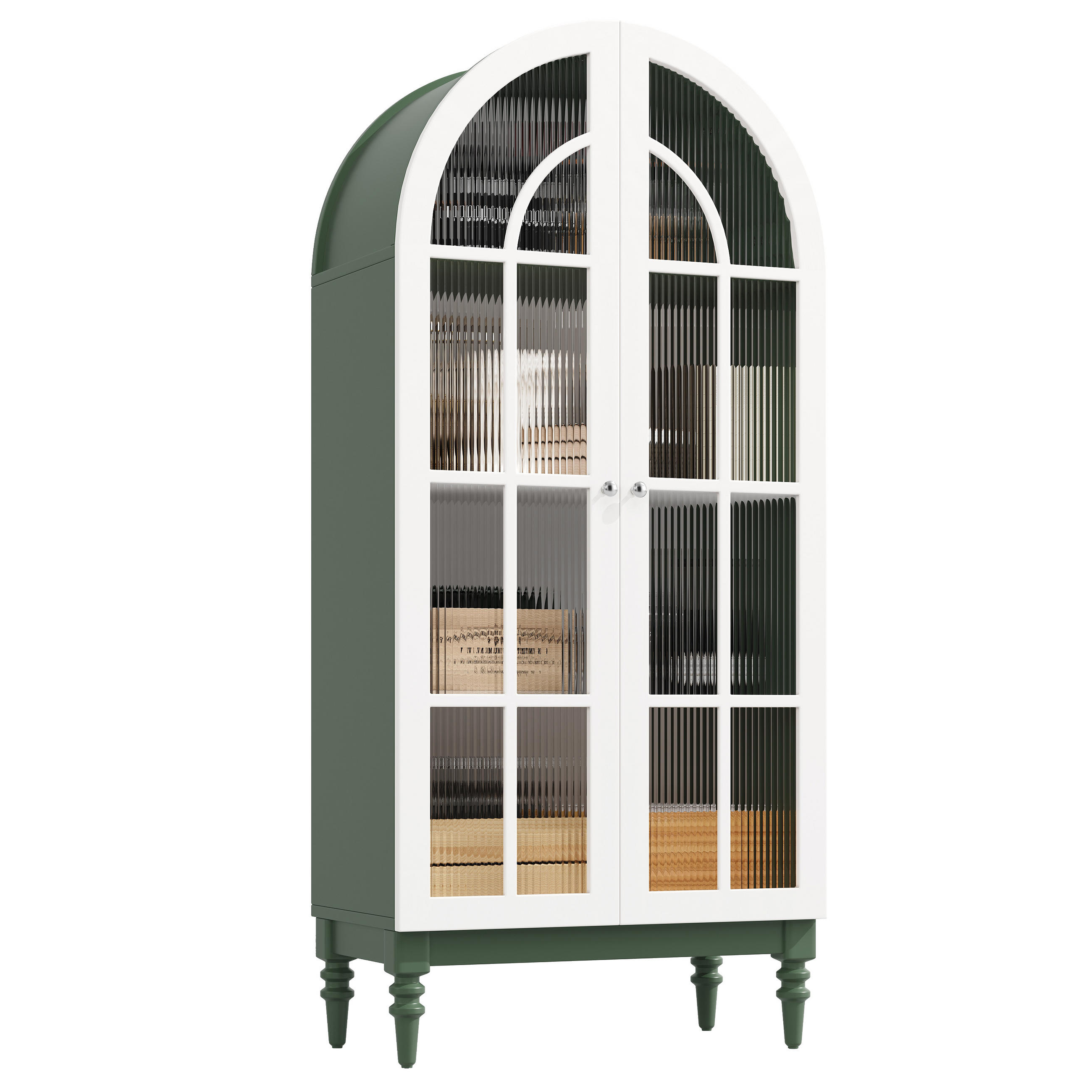 HIGHBOARD Grün 76×38,5×165 cm mit Bogenfront und Riffelglas-Türen aus Holzwerkstoff - Grün, Holzwerkstoff (76/165/38.5cm) - Luhomfu