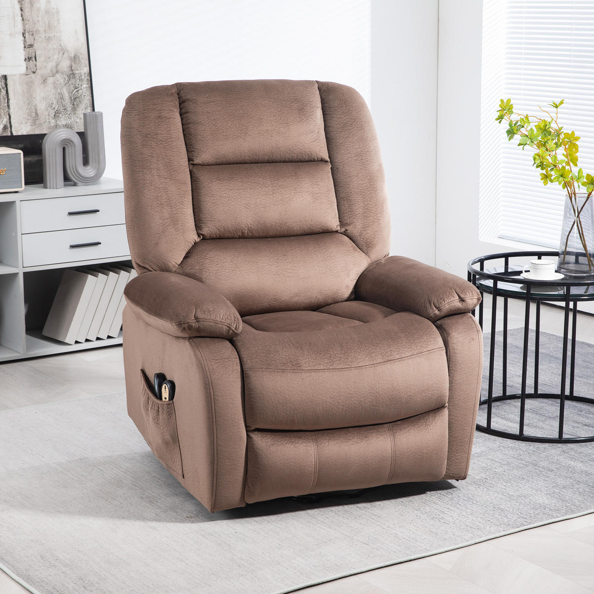 FERNSEHSESSEL mit Aufstehhilfe Elektrisch Relaxsessel mit Liege-/Massagefunktion - Schwarz/Braun, Textil/Metall (93/110/90cm) - HOMCOM
