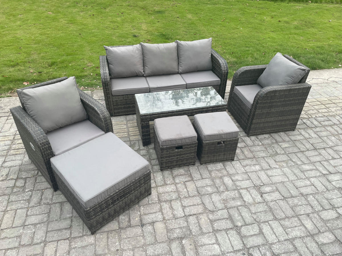 GARTENSOFA SET mit LIEGESTUHL Polyrattan 8-Sitzer Dunkelgrau - Dunkelgrau/Grau, Glas/Kunststoff - Fimous