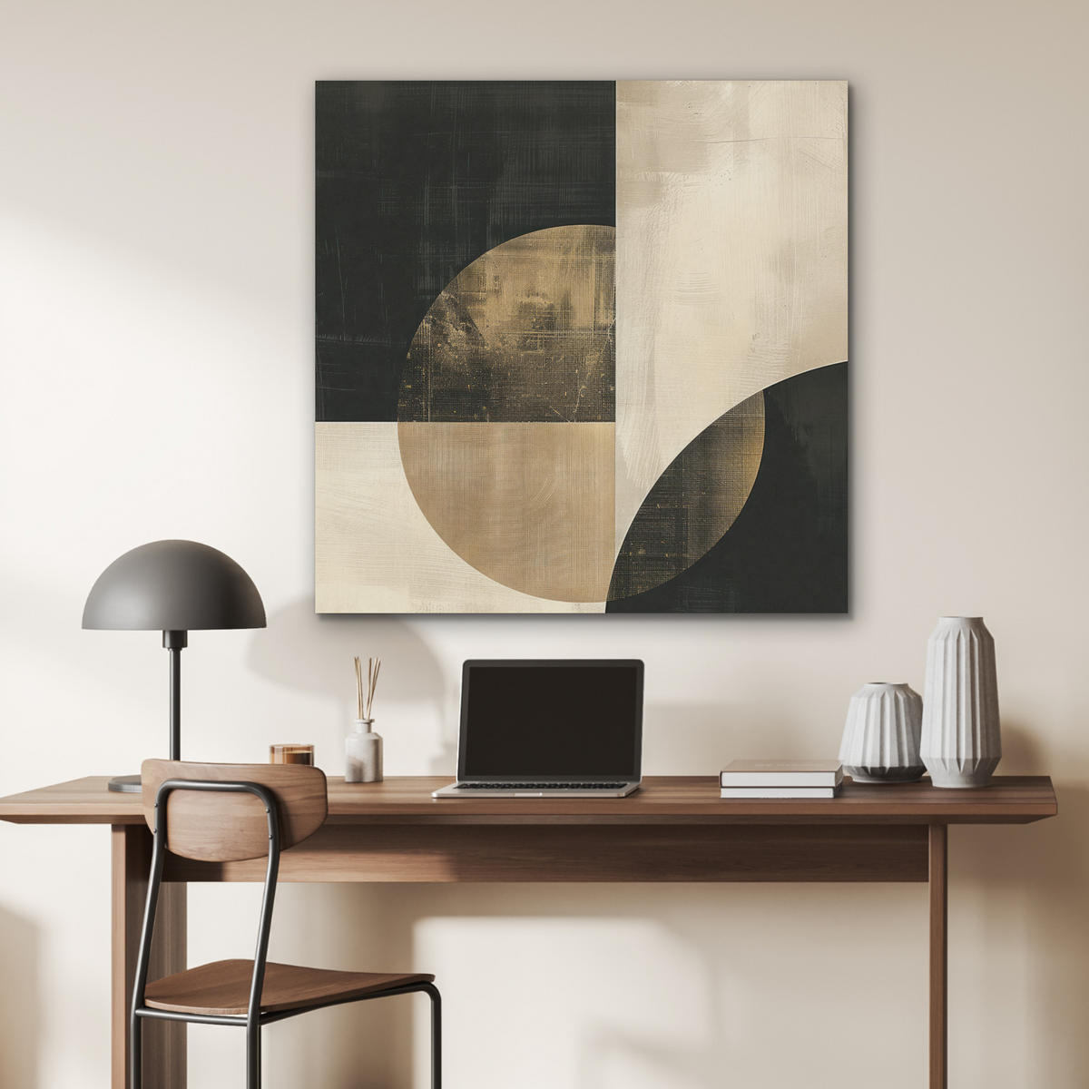 AKUSTIKPANEEL Abstrakt - Geometrische Formen - Schwarz - Gold 90x90 cm - Ecru, Textil (90/0.9/90cm) - MuchoWow