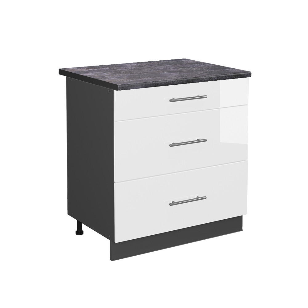 KÜCHENUNTERSCHRANK Fame-Line Weiß Hochglanz 80 cm mit 3 Schubladen AP Anthrazit - Weiß Hochglanz/Anthrazit, Holzwerkstoff (80/82/60cm) - Vicco