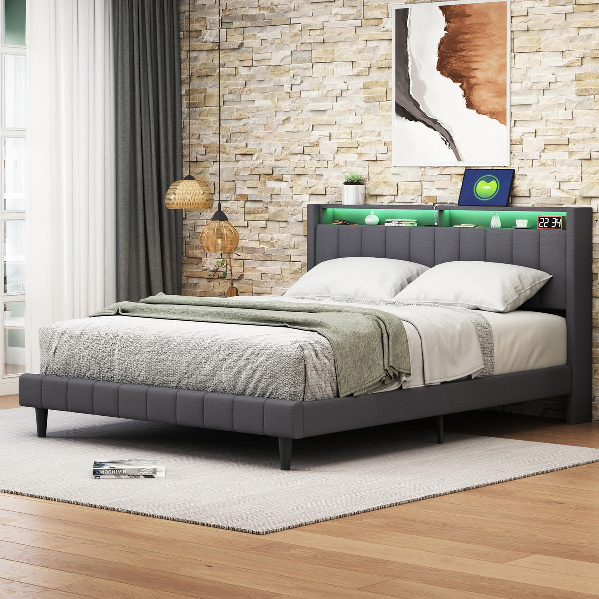 POLSTERBETT 160x200 cm, Grau, mit USB & LED - Grau, Textil/Metall (160/200cm)
