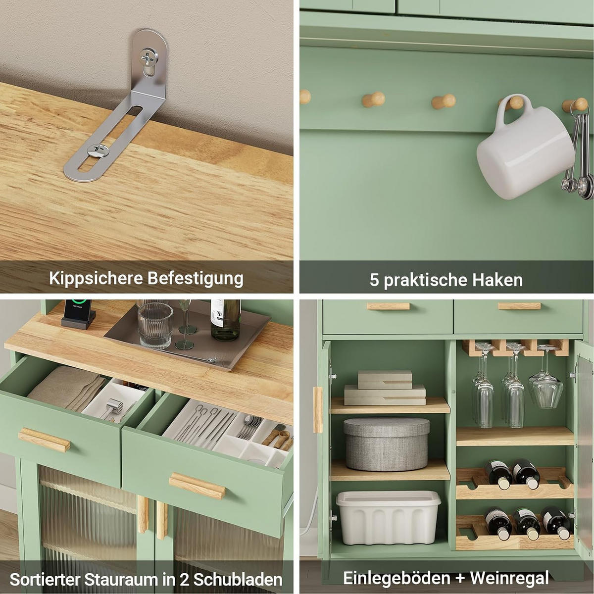SIDEBOARD mit Weinregal und Glastüren, Küchenschrank Grün 80x40x180 cm - Grün, Glas/Holzwerkstoff (78/180/38cm) - SoBuy