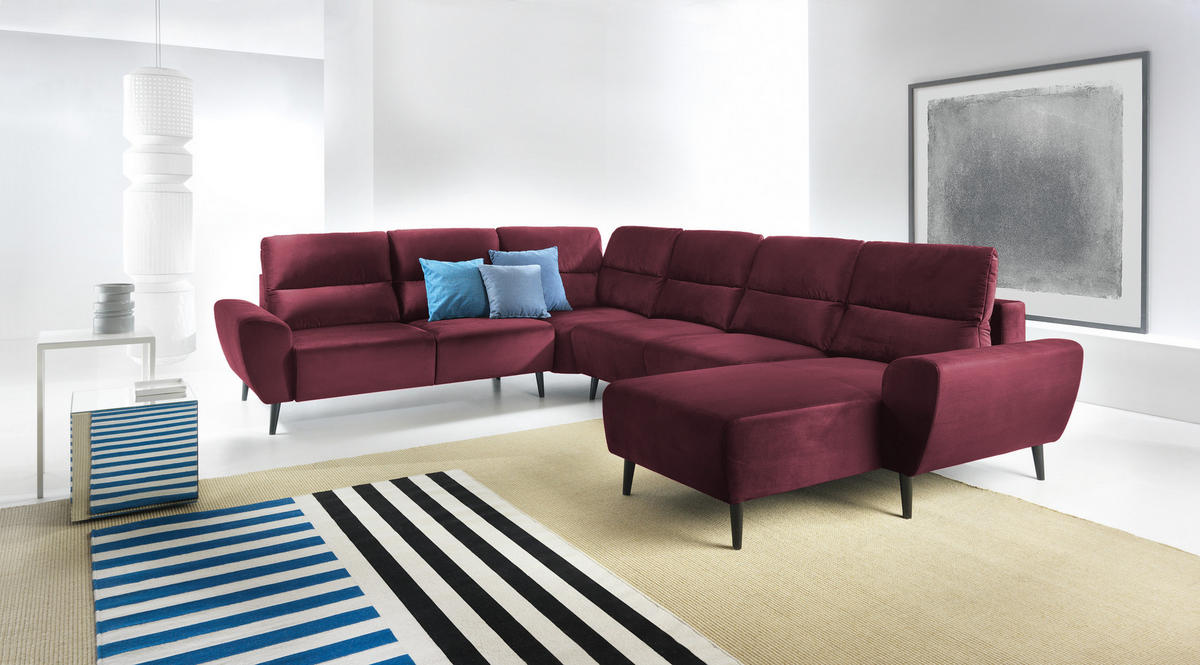 ECKSOFA BOSCO U-Form, Monolith-Stoff, freistehend, mit verstellbaren Kopfstützen, Sofa für Familien, Größe: 340x270x98cm, Farbe: Burgunderrot - Bordeaux, Holz/Textil (340/270cm) - DomoHome