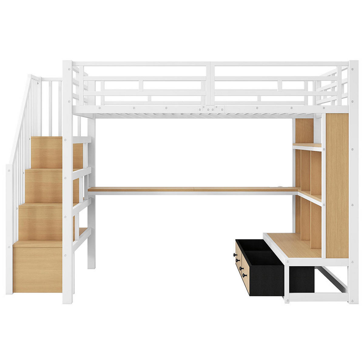 HOCHBETT 140x200 cm mit Schreibtisch und Regalen in schwarz - Weiß, Holzwerkstoff/Metall (140/200cm) - KOMHTOM
