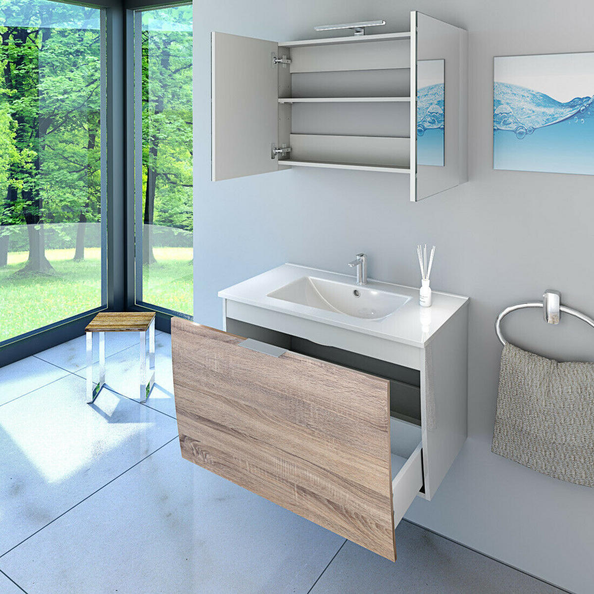 BADMÖBEL Set Gently 1 V1 Weiß/Eiche MDF Waschtisch 80cm JA mit 1x 5W LED-Strahler - Braun, Glas/Kunststoff (46/52/80cm) - AcquaVapore by Sandra Jentho