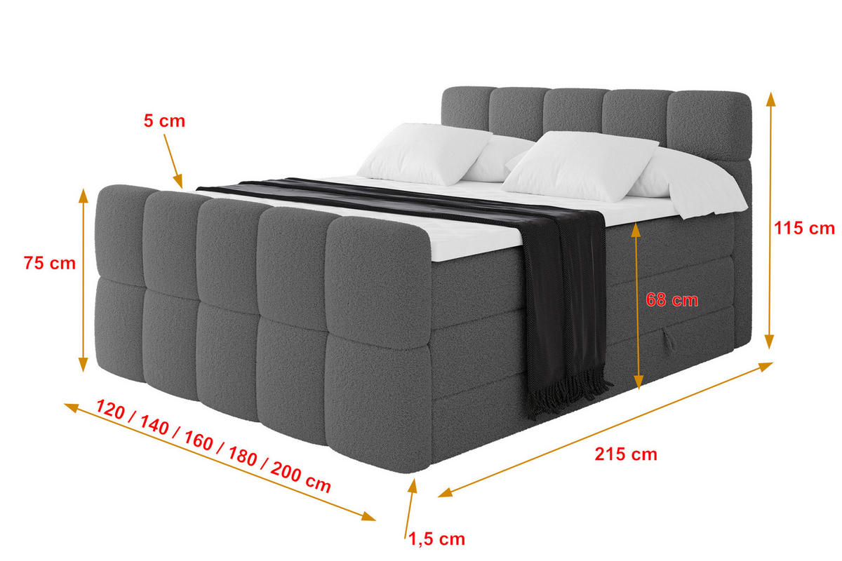 BOXBETT mit Matratze H3/H4 - FAMA-Z KING - 160x200 cm Grau Quelle - Schieferfarben, Holzwerkstoff (160/200cm) - ALTDECOR