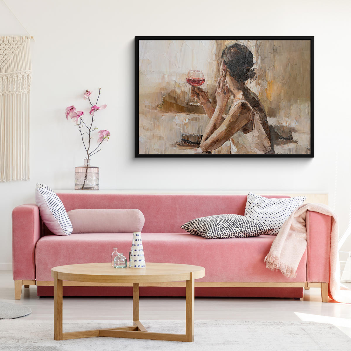 ZARÁMOVANÝ PLAGÁT Olejomaľba - Žena - Víno 120x80 cm - svetlohnedá, papier (120/80cm) - MuchoWow