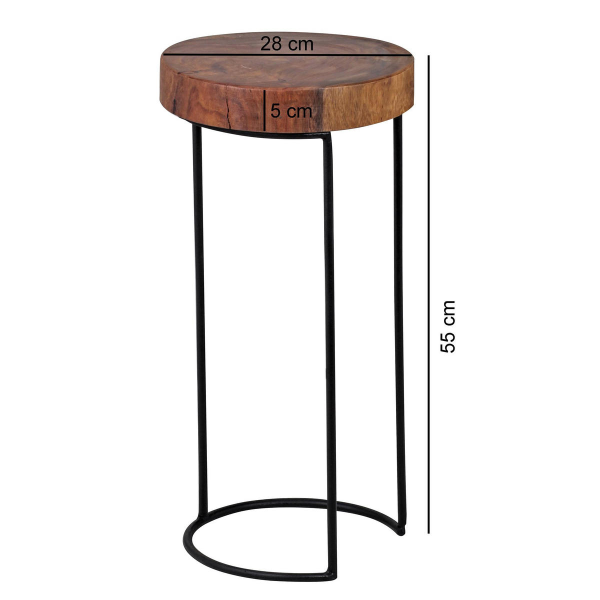 BEISTELLTISCH Massivholz Metallgestell Baumstammplatte Landhausstil INDI, Braun 28x28x55 cm - Schwarz/Braun, Holz/Metall (28/28/55cm) - KADIMA DESIGN