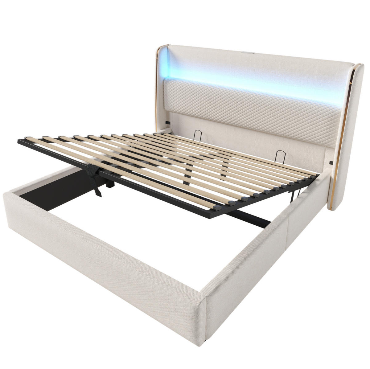 POLOHOVATEĽNÁ posteľ 160/200 cm béžová z ľanovej tkaniny s LED, úložným priestorom a USB/Type-C - béžová, textil (160/200cm) - OKWISH