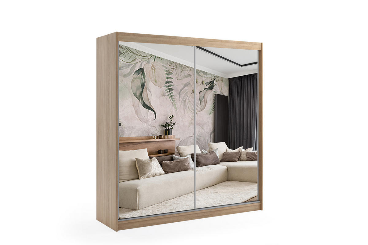 KLEIDERSCHRANK mit Spiegel-Schiebetüren und Aluminium-Leisten, LED-Beleuchtung - DEBI - 180 cm Sonoma - Sonoma Eiche, Holzwerkstoff (180/216/61cm) - ALTDECOR