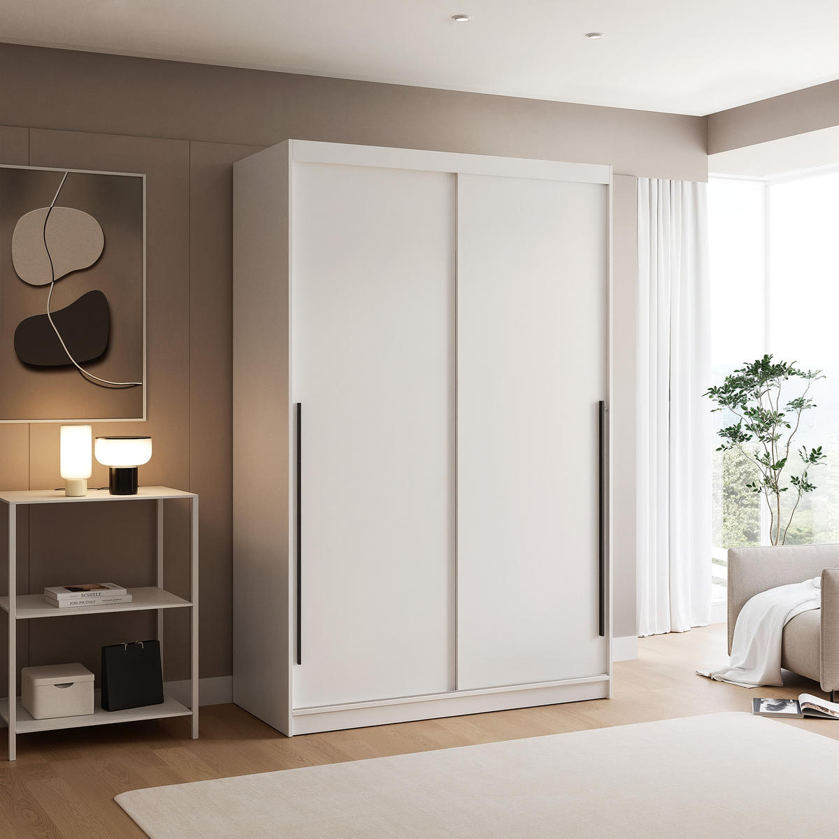 SCHIEBETÜRENSCHRANK SILENTE 140 cm mit Einlegeböden und Kleiderstange - Weiß, Holzwerkstoff (140/205/60cm) - Idohome