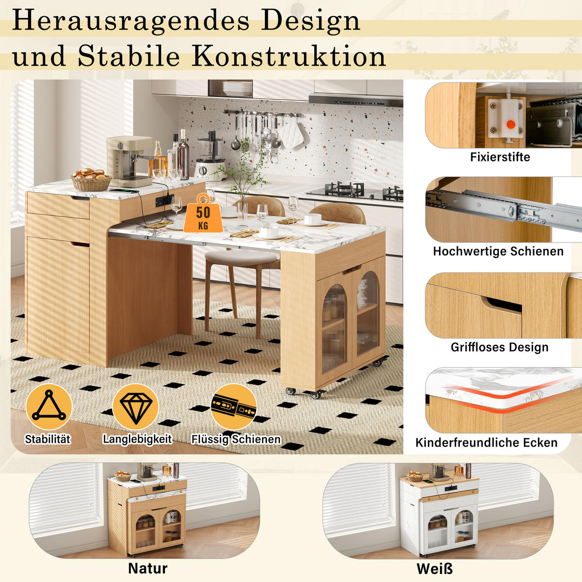 KÜCHENINSEL ausziehbar 55-153/80/93 cm DE-39577 Natur - Naturfarben, Holzwerkstoff (80/93/56.2cm) - ComfortXL