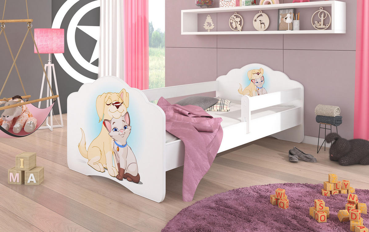 KINDERBETT Casimo weiß / Motiv Hund und Katze 88 / 164 / 63cm - Gelb/Weiß, Holz/Holzwerkstoff (80/160cm) - Feldmann-Wohnen
