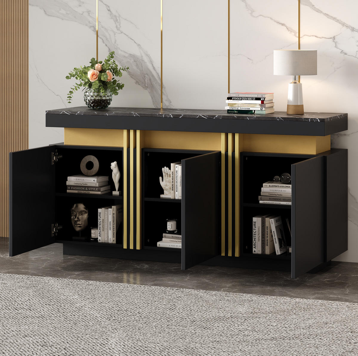 SIDEBOARD 140/38/70 cm Schwarz aus Spanplatte mit Marmorstruktur - Schwarz, Holzwerkstoff (38/70/140cm) - OKMYHOME