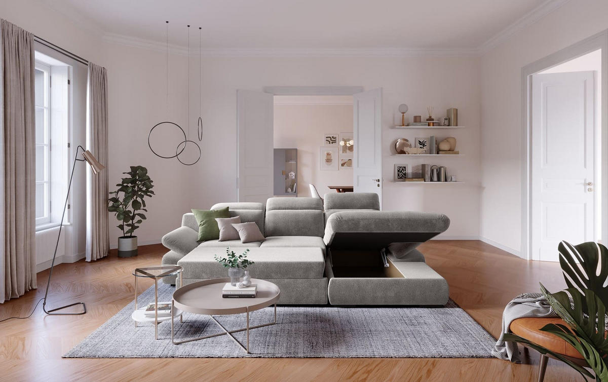ECKSOFA mit Schlaffunktion und Bettkasten - Hellgrau, Kunststoff/Textil (168/276cm) - Cotta