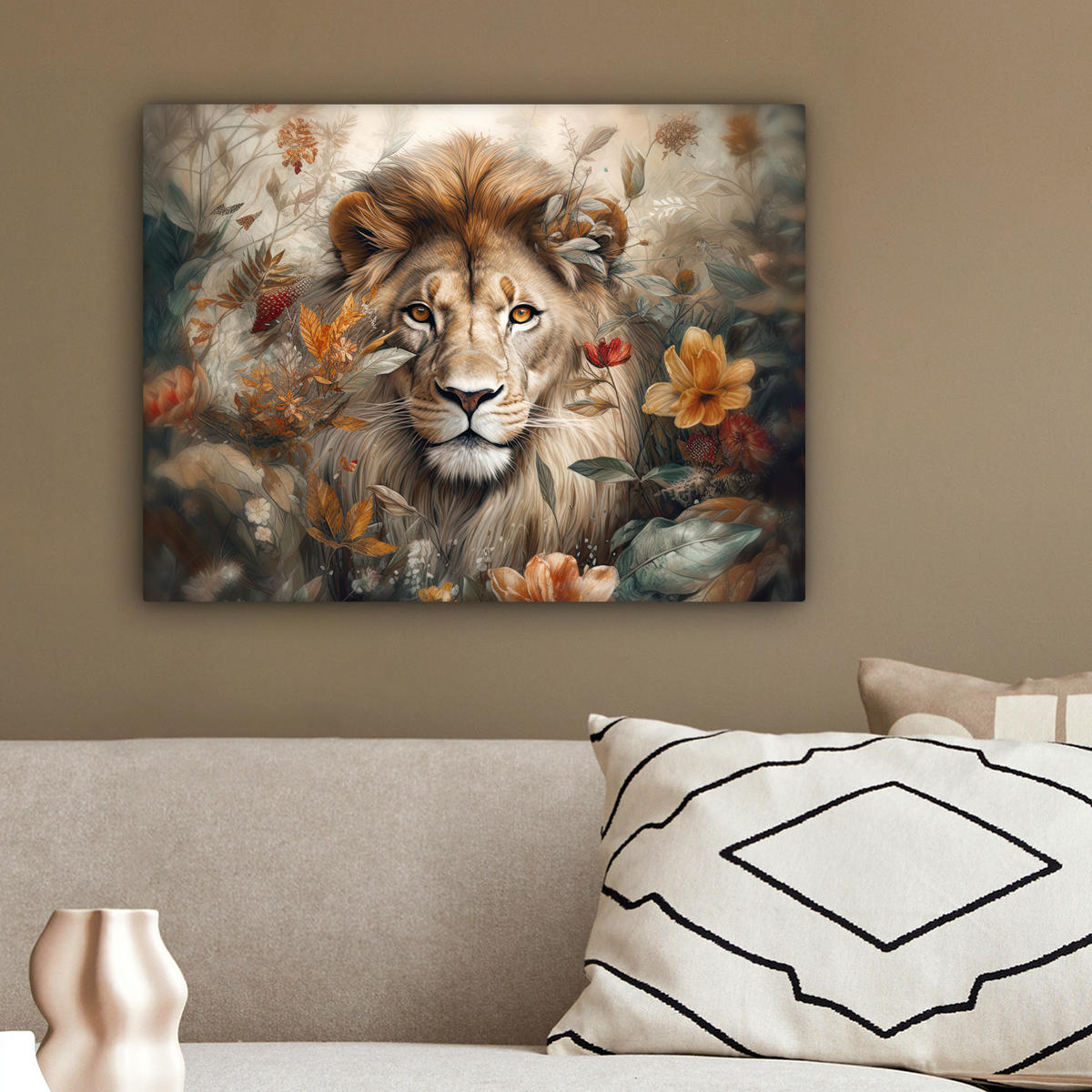LEINWANDBILD Löwe - Wildtiere - Pflanzen - Natur - Blumen 40x30 cm - Beige, Textil (40/30cm) - MuchoWow