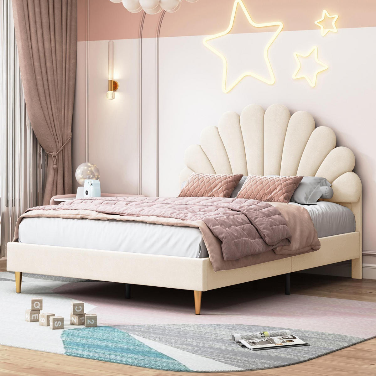 POLSTERBETT 140/200 cm, mit blumenförmigem Kopfteil, Lattenrost, GepolstertesBett aus Samt, Beige - Beige, Holzwerkstoff (140/200cm) - Brevoria
