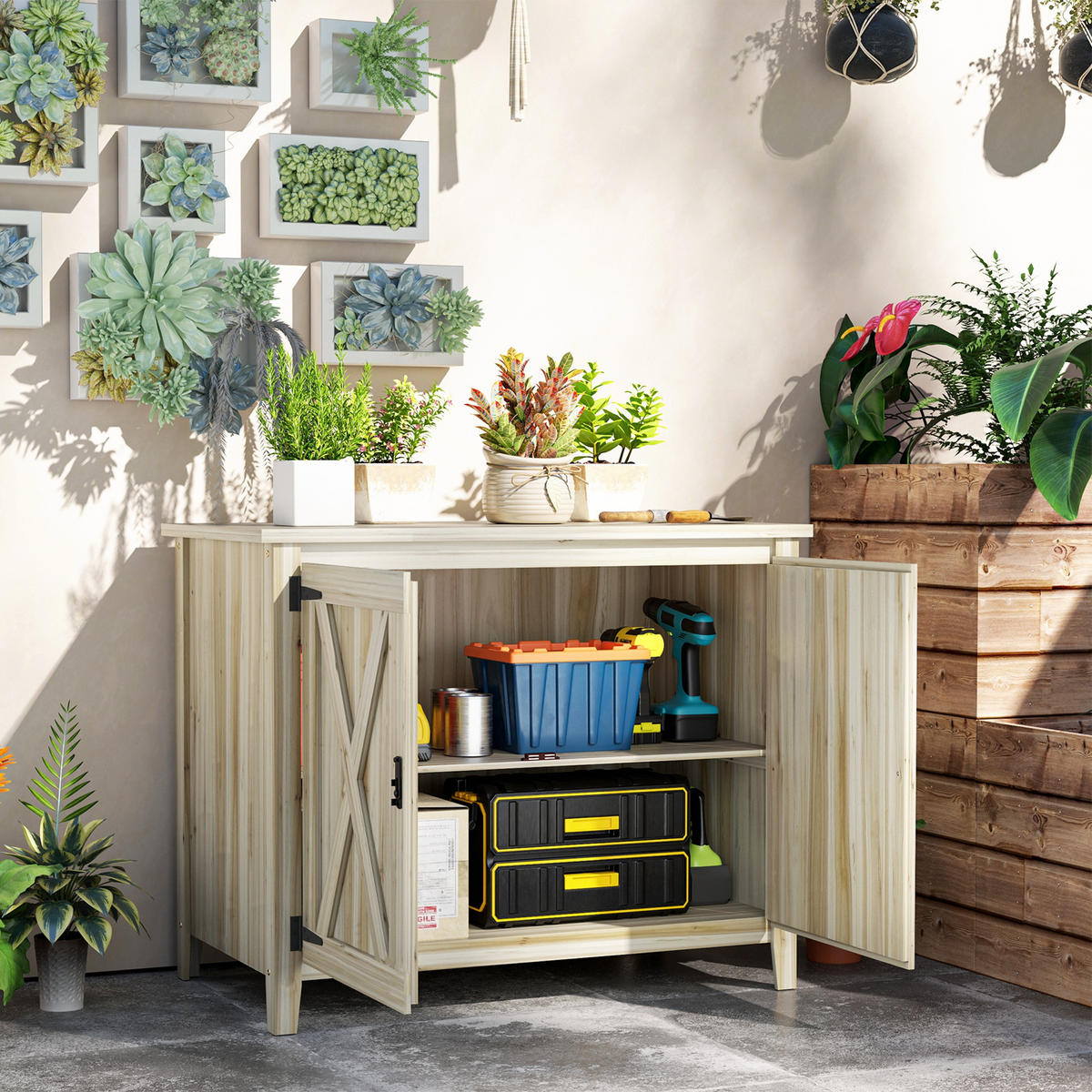 GERÄTESCHUPPEN DE-17607 2 Scheunentüren mit Arbeitsplatte Naturholz - Naturfarben, Holz (110/88.5/60cm) - ComfortXL
