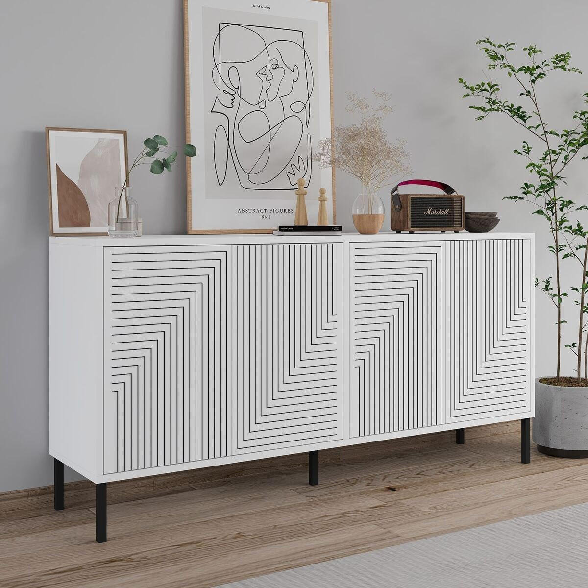 SIDEBOARD mit 4 Türen, gestreift dekoriert 36/150/75 cm - Weiß, Holzwerkstoff (36/75/150cm) - Calicosy