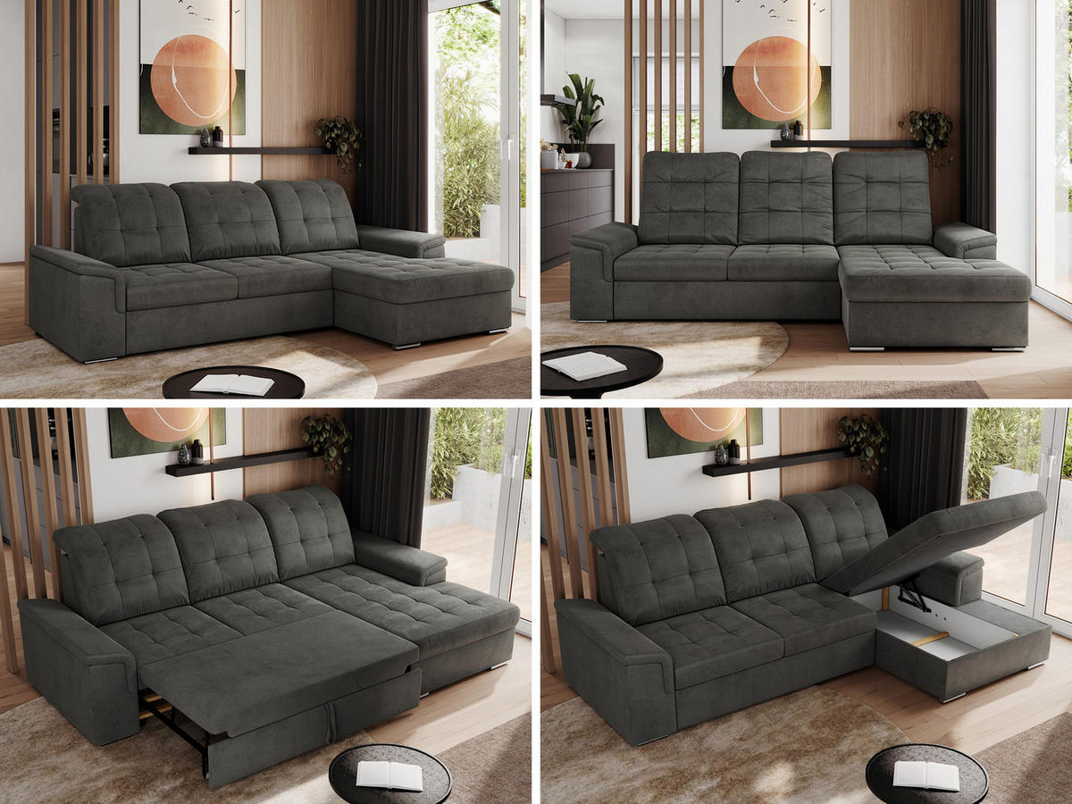 ECKSOFA MADRITO L - Dunkelgrau Velorus - Rechts - Dunkelgrau/Silberfarben, Textil/Metall (256/160cm)