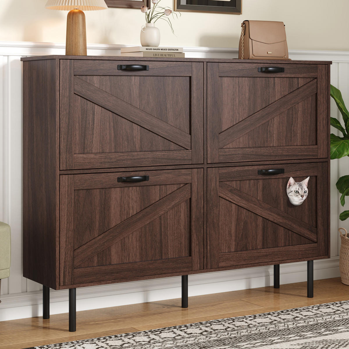 SCHUHSCHRANK aus Spanplatte 120x28x92cm in Walnussfarben mit Katzenspielzeug - Walnussfarben, Holzwerkstoff (120/92/28cm) - Modfu