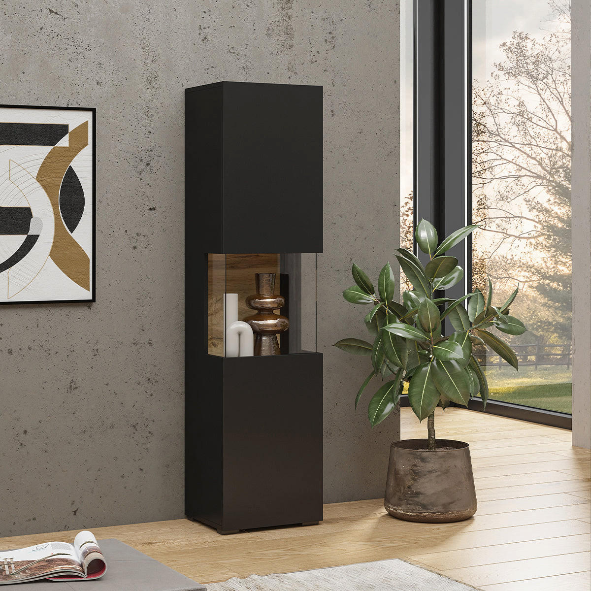 VITRINE Glora Schwarz und Holz - Schwarz, Holzwerkstoff (36/140/30cm) - Petits-meubles
