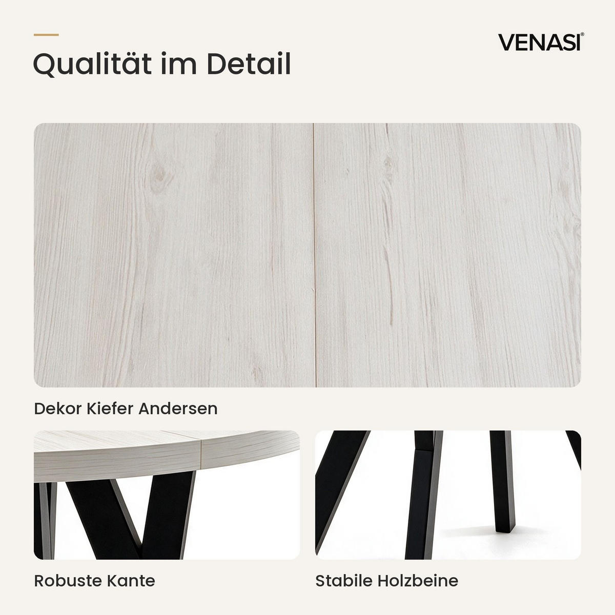 ESSTISCH ausziehbar rund 90-190 cm ATO Sosna, Auszugstisch mit Einlegeplatte - Schwarz/Kieferfarben, Holzwerkstoff (90/90/77cm) - VENASI MÖBEL