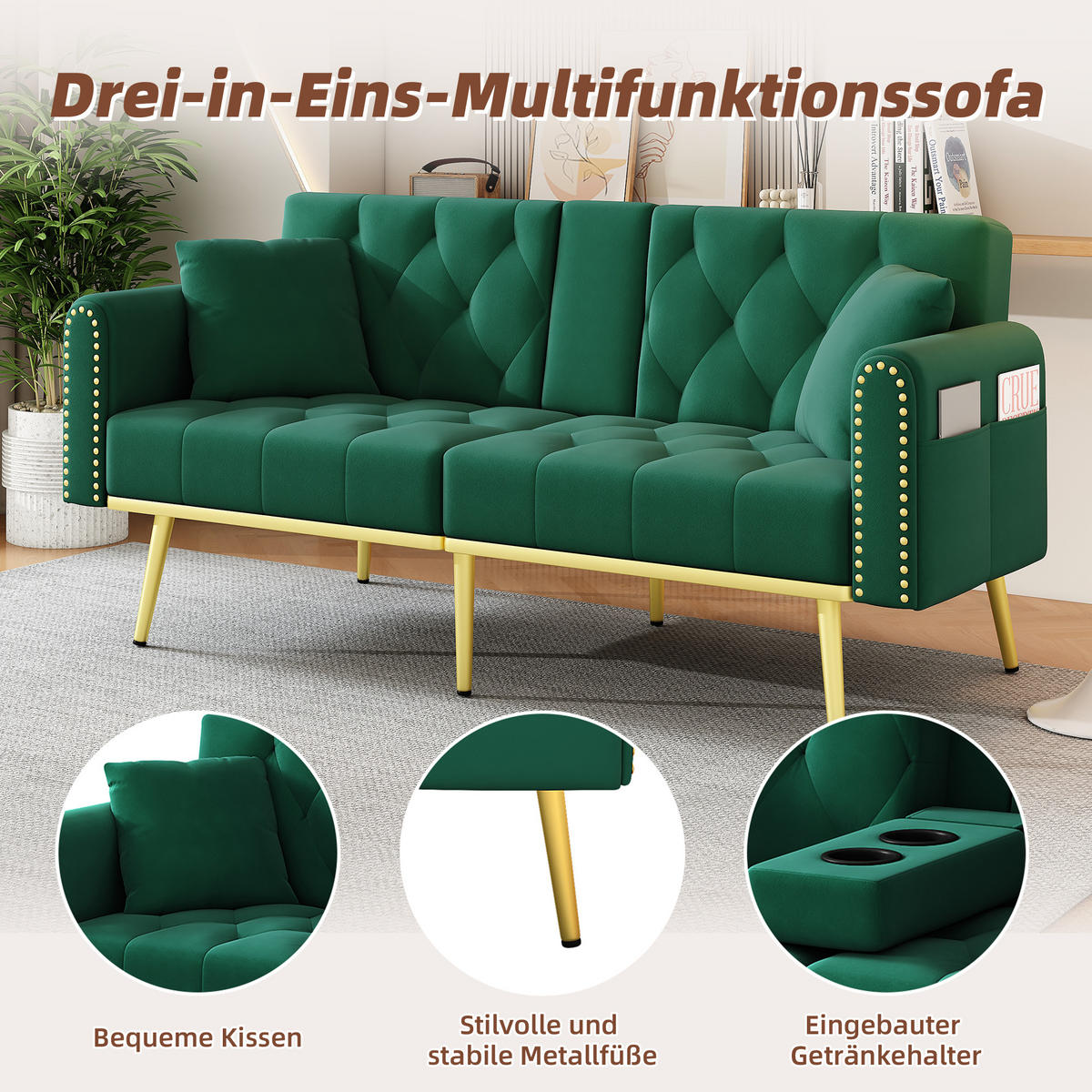 SCHLAFSOFA Samt mit verstellbarer Rückenlehne und Getränkehalter Grün 175/80/73,5 cm - Grün, Textil (73.5/175/80cm) - Redom